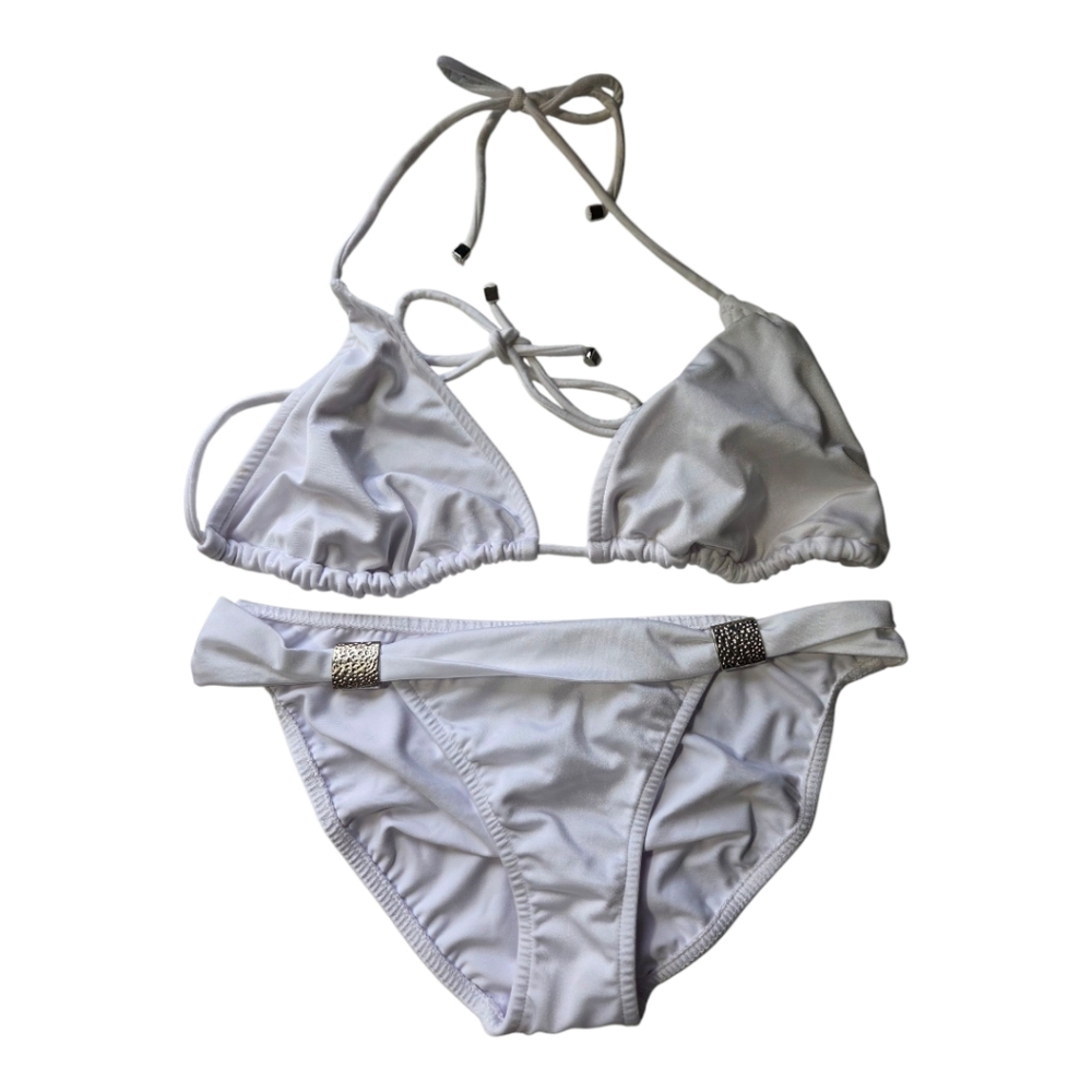 Venus Goddess Silver Metal Shimmer White Bikini Top & String Bottom Perfect D/10